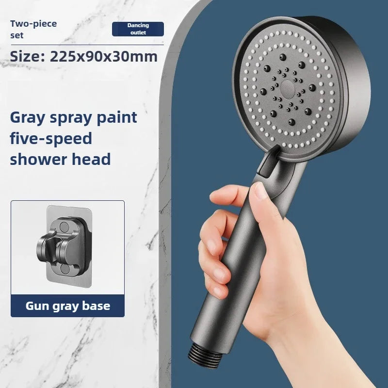 High-Pressure Handheld Shower Head with Stand and Hose - 5 Adjustable Water Flow Modes, Round Plastic Bathroom Accessory