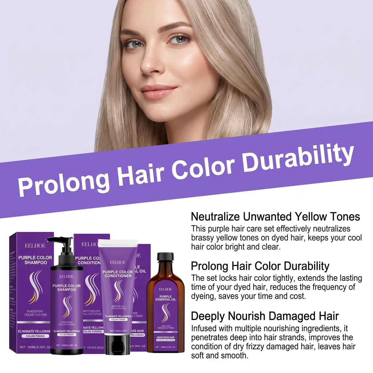Purple Shampoo Set With Conditioner Hair Oil Serum Color Protecting Nourishing Moisturizing Smoothing For Dry Damaged Hair Care