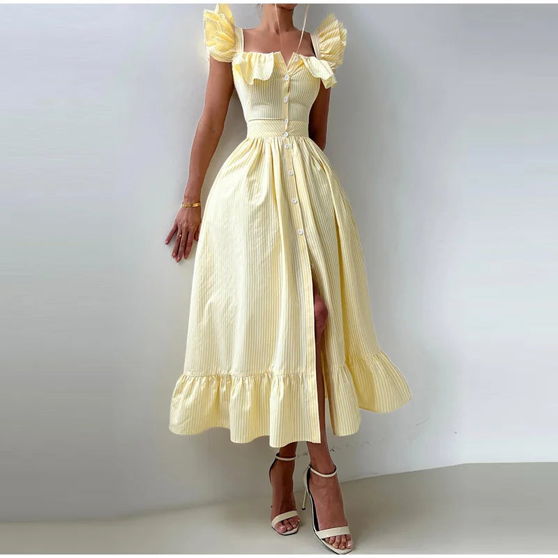 Fashionable Striped Ruffle Pleated Women's Dress Elegant Solid Square Neck Single Button Dresses Female Summer Chic Casual