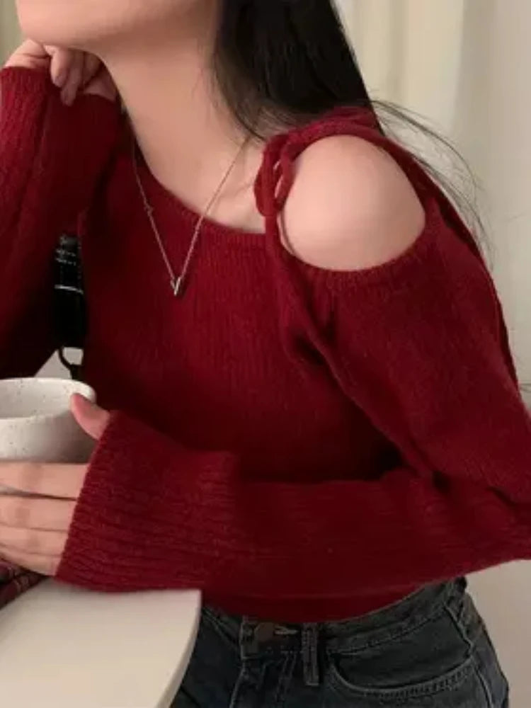 2026 New Women's Elegant Off-Shoulder Sweater T-Shirt Black White Striped with Adjustable Lace-Up Fall Winter Casual Chic Top