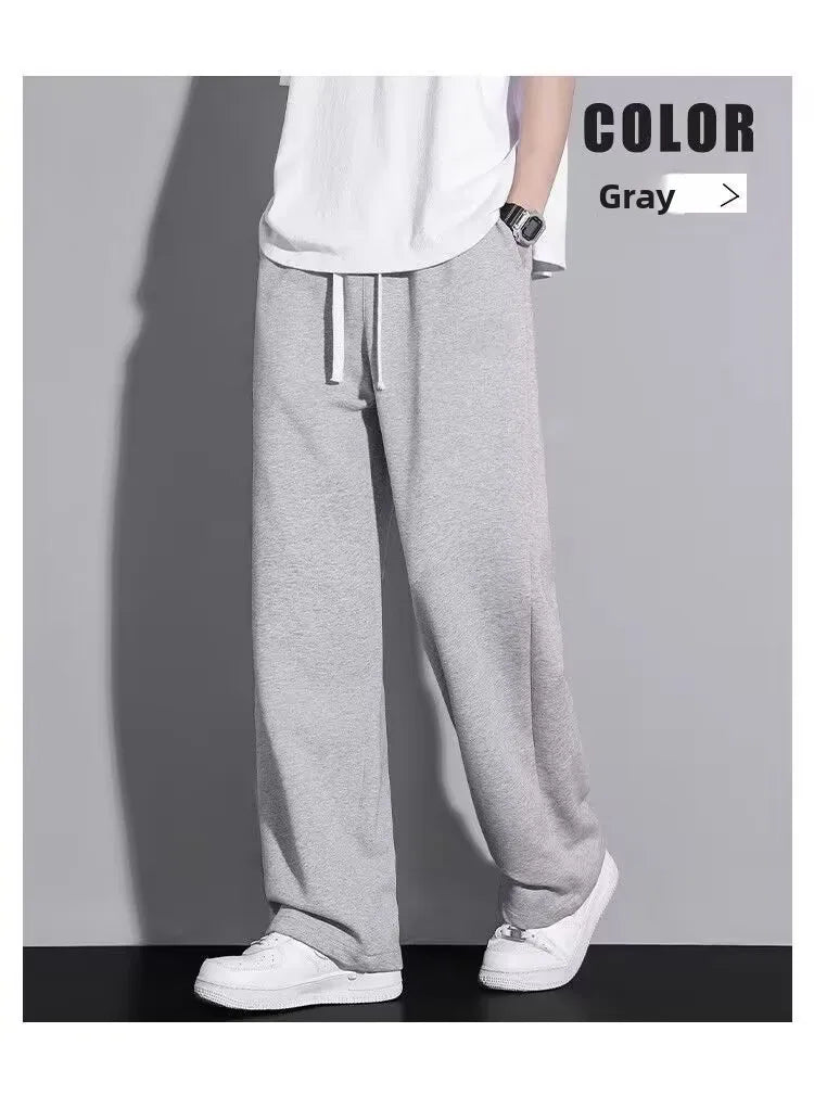 Men's Casual Straight Leg Drawstring Sweatpants Versatile Leisure Long Trousers Student Sports Pants Polyester Fiber Elastic
