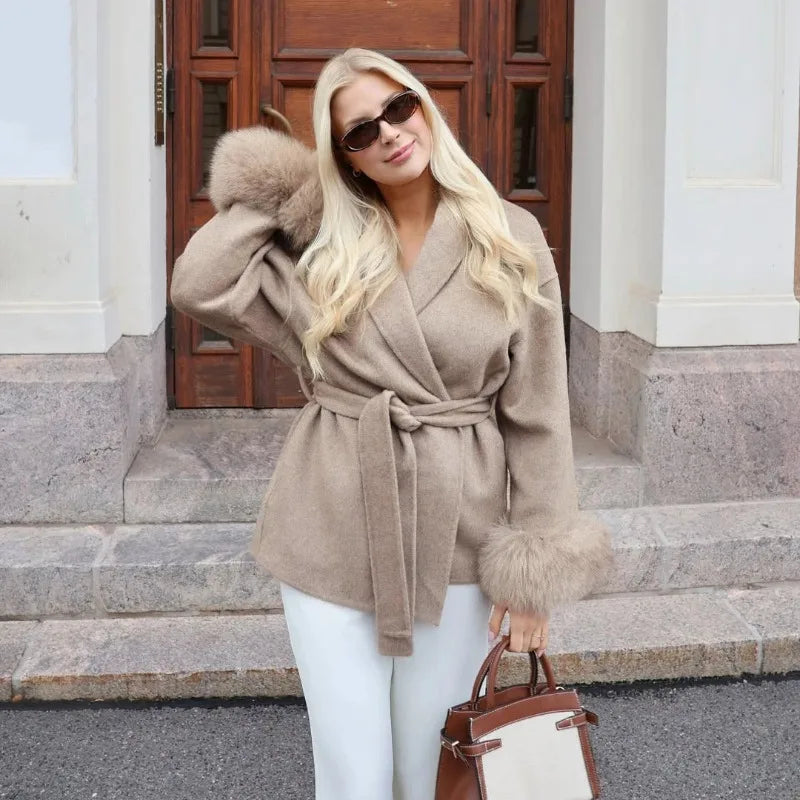 TARUXY Fox Fur Woolen Coats Women's Short Coat Office Lady Removable Elegant Double-sided Wool Overcoat 2025 New Cardigan Jacket