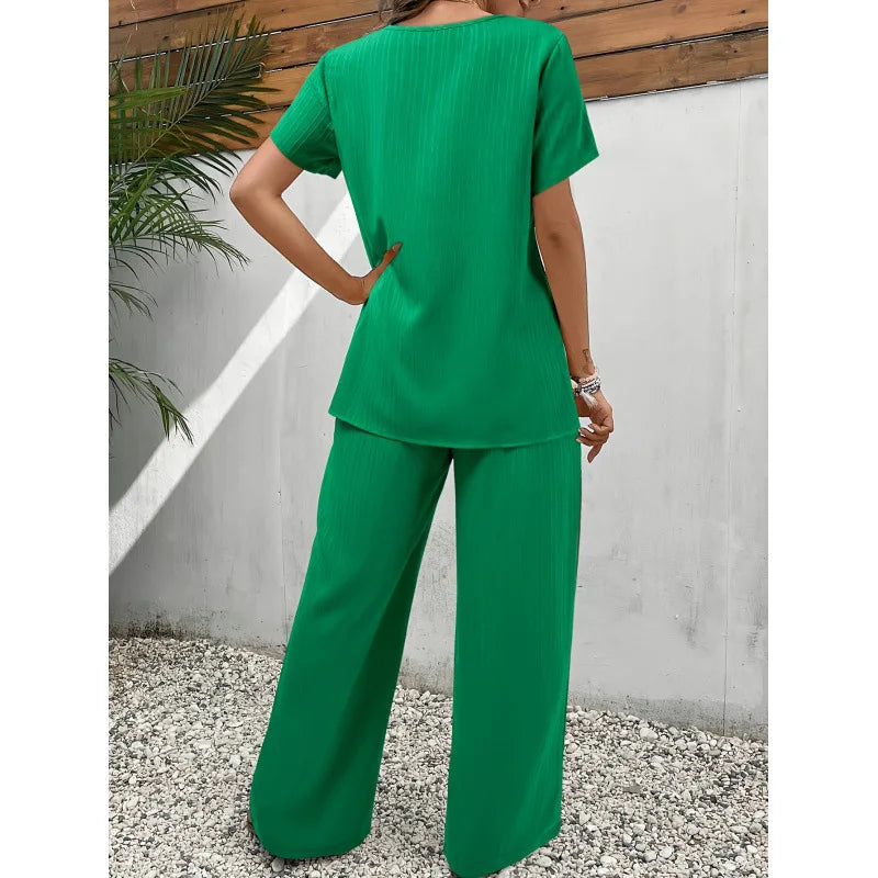 New Fashion Elegant Office Ladies Set Casual Set With Irregular Short Sleeve Blouses Loose Long Pants Two Piece Outfit Women's