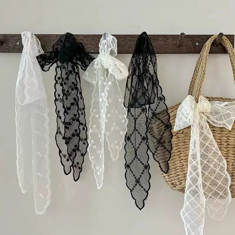 AWAYTR  Long Women Lace Floral Hair Scarf Elegant Embroidery Ribbon Scarves Lady Wrist Headbands Skinny Neckerchief Headwear
