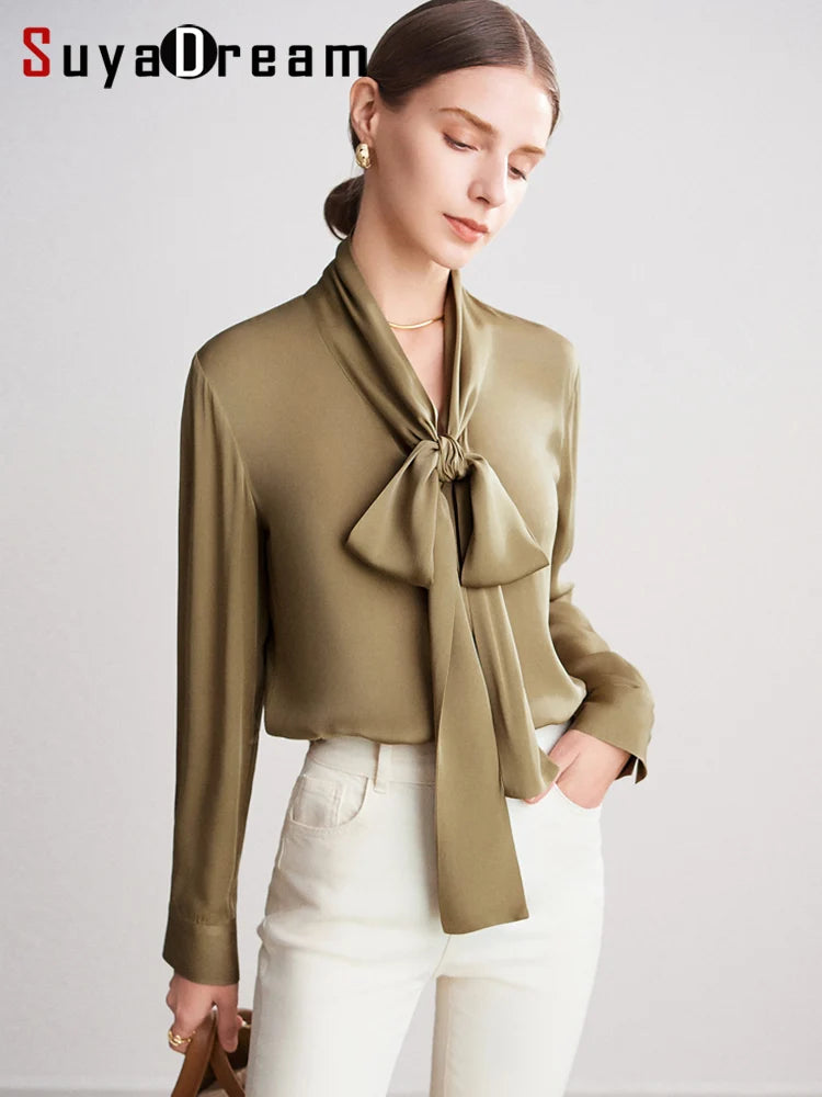 SuyaDream Women's Silk Blouse Long Sleeve Bow Collar Office Chic Solid Color Shirt 93% Silk 7% Spandex Spring 2025