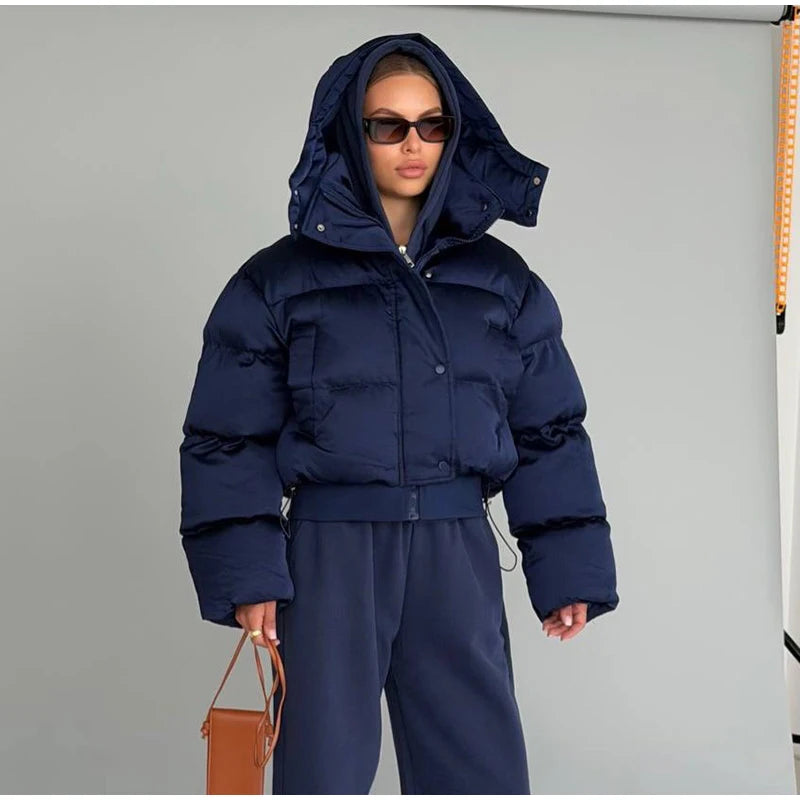 Casual Women's Puffy Cotton Coats Detachable Hood Drawstring Stand Collar Zipper Full Sleeve Coat 2026 Autumn Winter Down Jacket