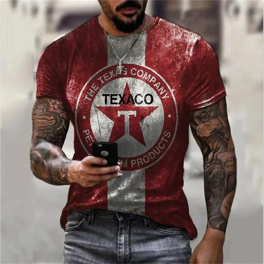 MOBIL Men's T-Shirt 3D Graphics Texaco Car Oil Pullover Fashion Summer Casual Tops Sweatshirt Men's Harajuku T-Shirt Clothing