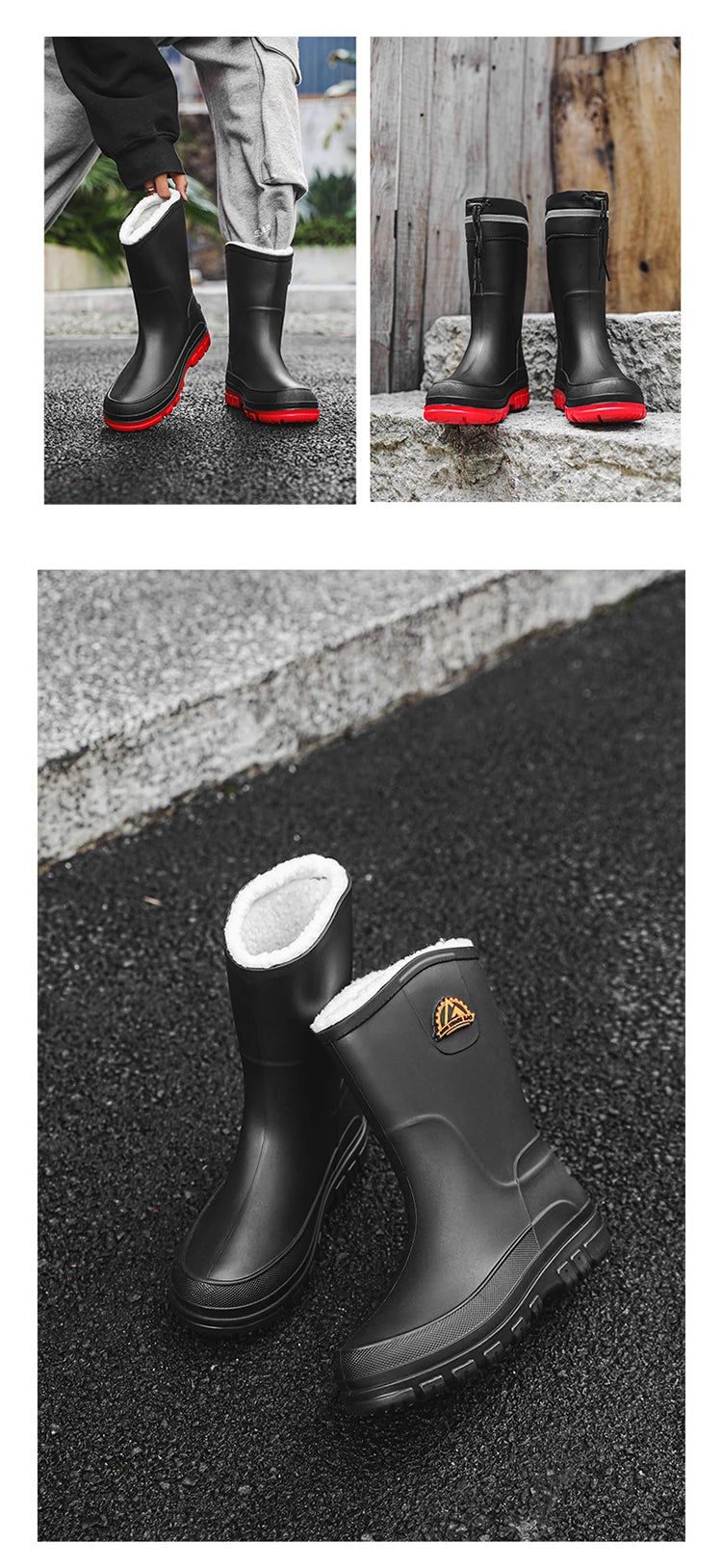 Men's Winter Fleece Lined Mid-Calf Rain Boots Anti-Slip Waterproof Work Rubber Boots Car Wash Fishing Outdoor Wear Water Shoes