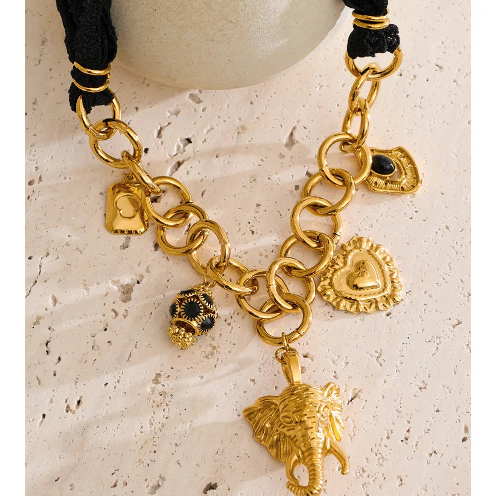 Yhpup 2025 Black Lace Chain Heart Elephant Pendant Statement Necklace 18K Golden Plated Stainless Steel Charms Handmade Jewelry