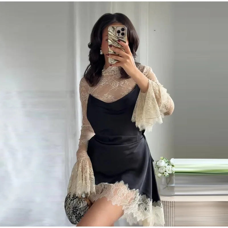 Sexy Color Block Bodycon Dress Women's Lace Insert Full Sleeve Y2K Mini Dresses 2025 Autumn Lady New Elegant Party Clubwear