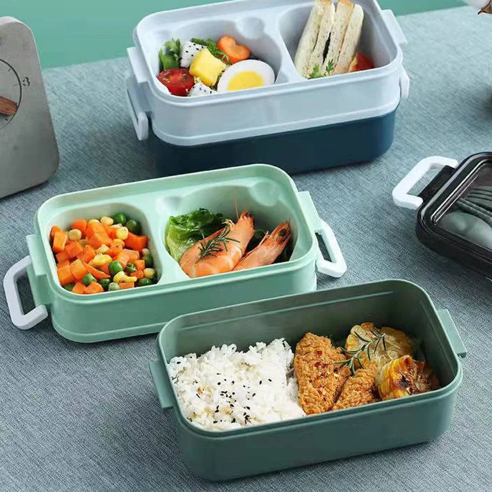 1Pc 1400ml Double-Layer Lunch Box, Portable Compartment Food Container, Microwave Safe with Fork, Chopsticks & Spoon for Picnic