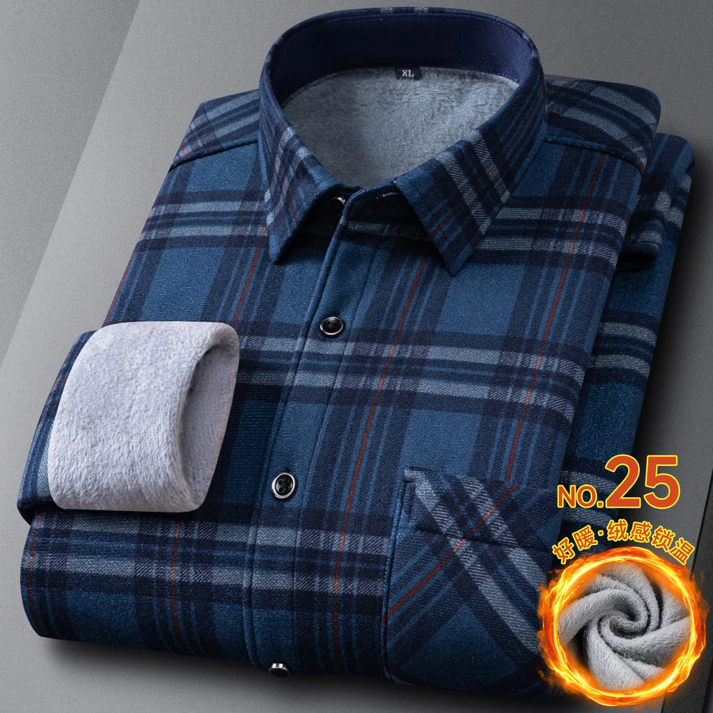 New In Tops Men's Thicken Flannel Fur Lined Shirts Autumn Winter Plus Sized Warm Long Sleeved Plaid Business Casual Slim Clothes