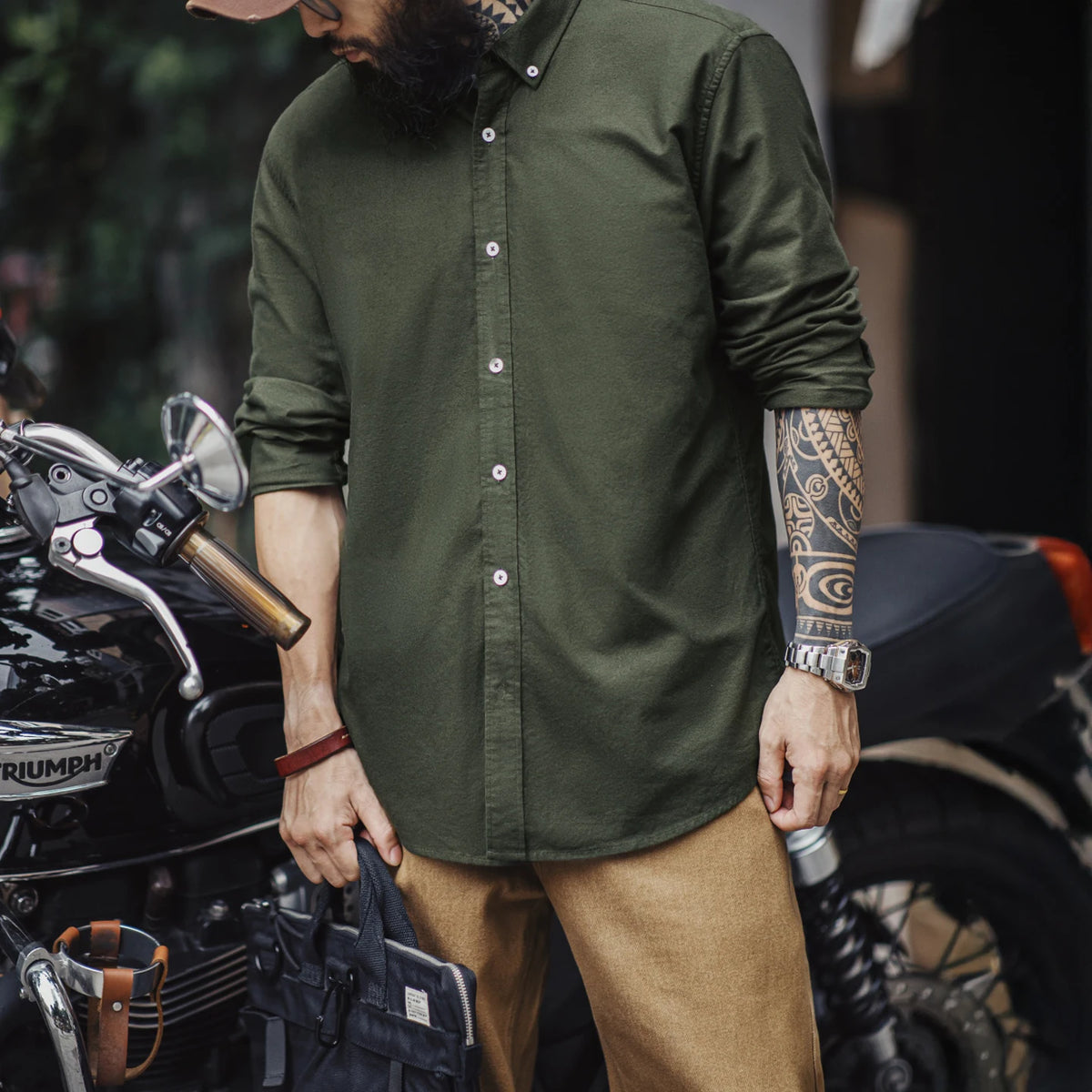 Maden Vintage Oxford Shirt Men's Brushed Cotton Long Sleeve Shirt  Single-breasted Blouse Solid Color Layering Top for Autumn