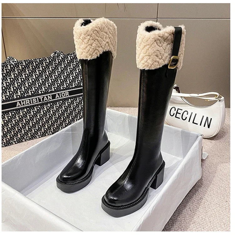 Winter Knee High Brown Long Boots Comfort Square Heel Zip Belt Buckle Platform Boots for Women  Plush Edge Warm Gothic Shoes