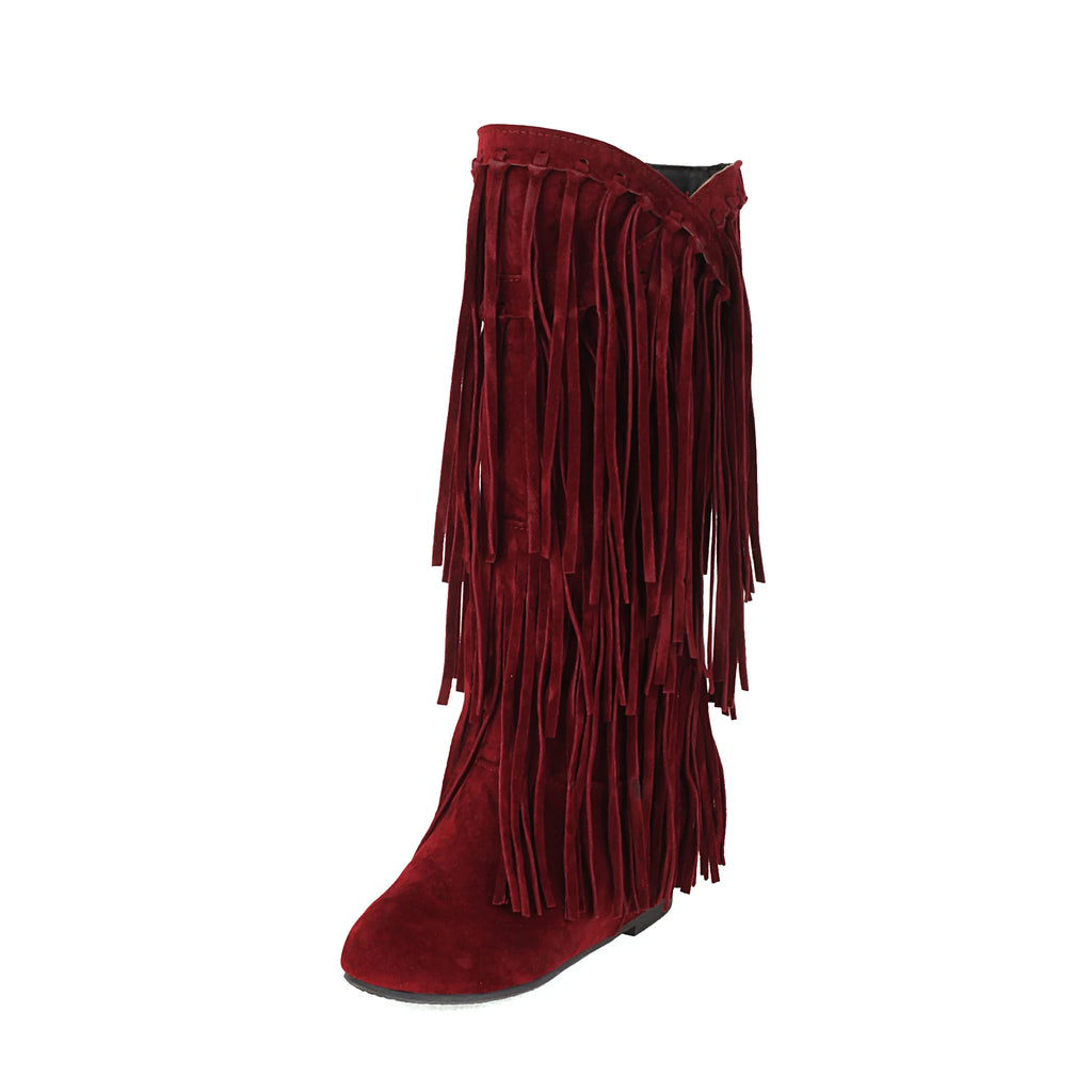 2025 New High Boots Women Bohemian Flock Tassle Mid-Calf Boots Wedge Booties Autumn Winter Ethnic Casual Shoes zapatos de mujer