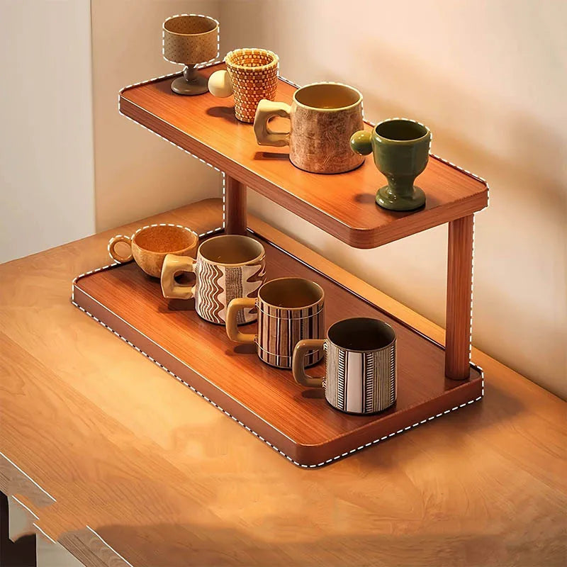 Versatile 2-Tier Wooden Storage Rack for Kitchen&Tea Room-Countertop Organizer with Decorative Desktop Multi-layer Storage Rack