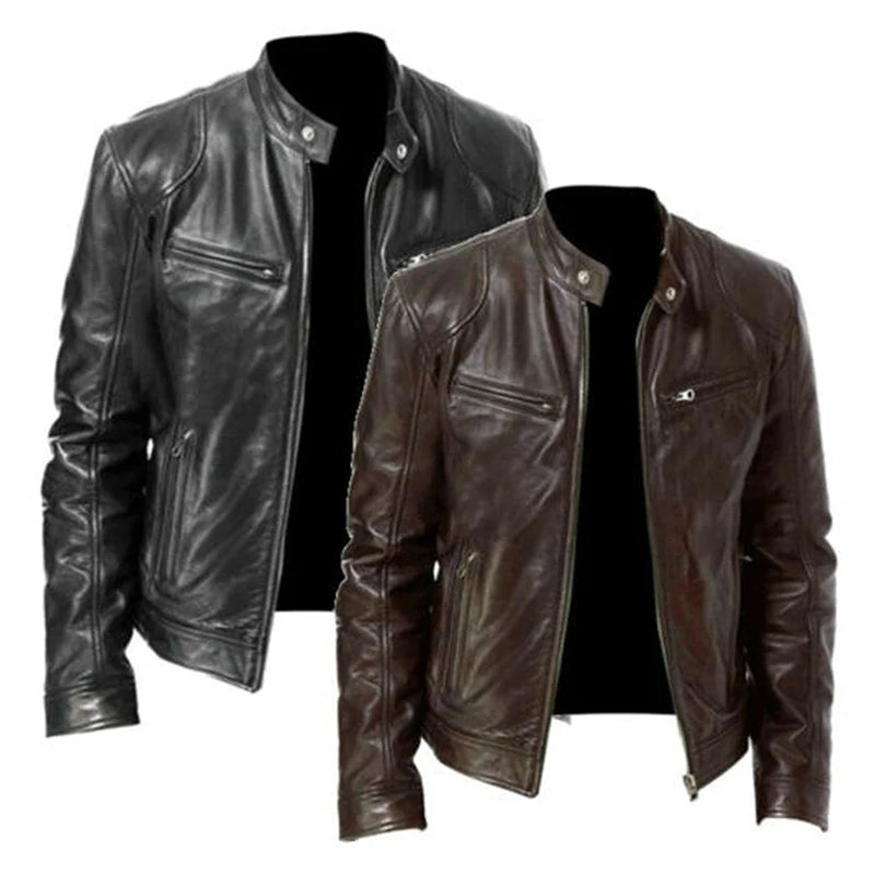 Men' s Retro Leather Jacket Stand Collar Biker Jacket Slim fit Multi-Pocket Coat Autumn Winter Outwear