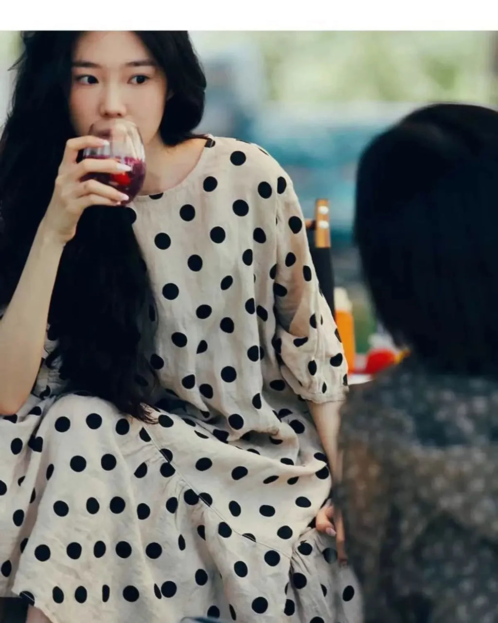 Fashion Retro Cotton and Linen Polka Dot Dress for Women Loose Slim Puff Sleeve Linen Doll Skirt