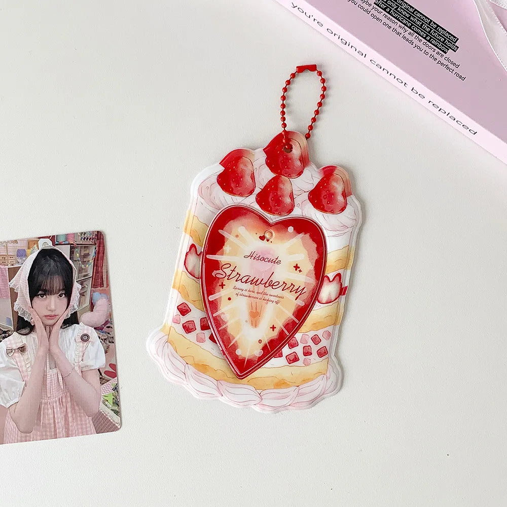 Fashion Cartoon Strawberry Cake Bag Pendant 3-Inch Card Holder Cute Girls Idol Photo Storage Card Bag Decoration Keychain Gifts