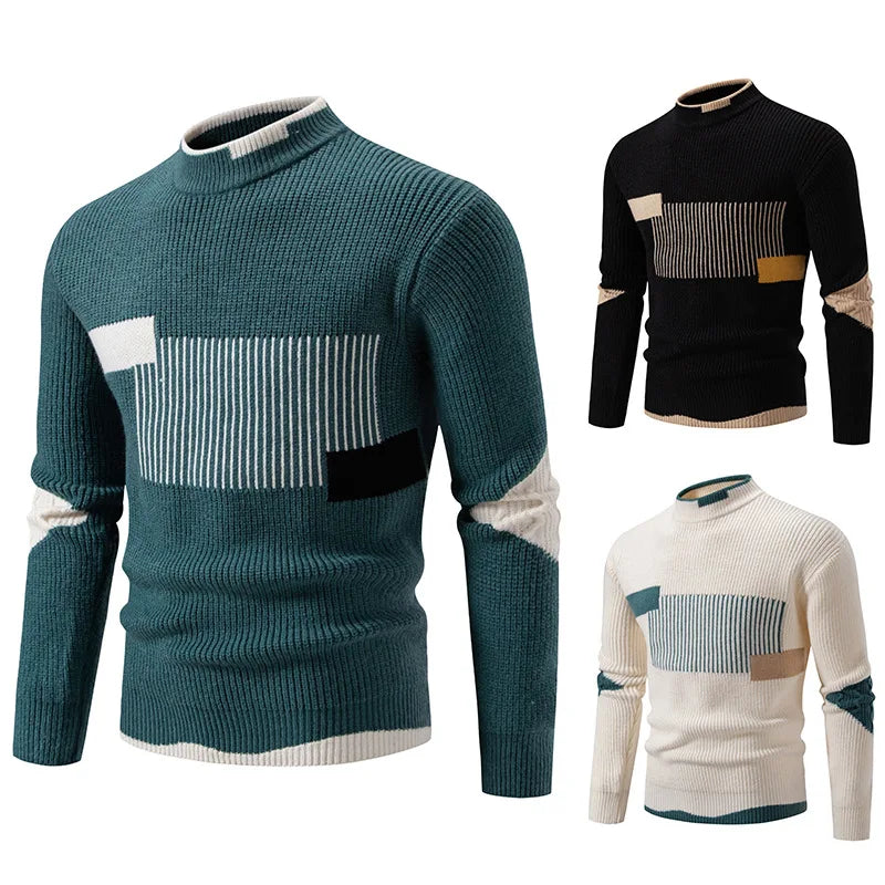 High Quality Men's New Autumn Winter Sweaters Casual Warm Mock Neck Pullovers Trend Color Blocking Design Men Sweaters Knit Tops