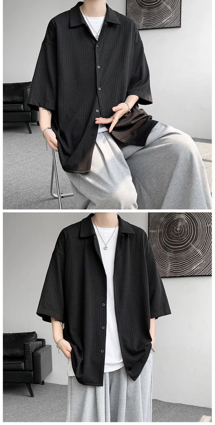 LEGIBLE Spring Summer Solid Shirts Men Casual Oversized Three Quarter Shirts Male Loose Fit Shirt for Man