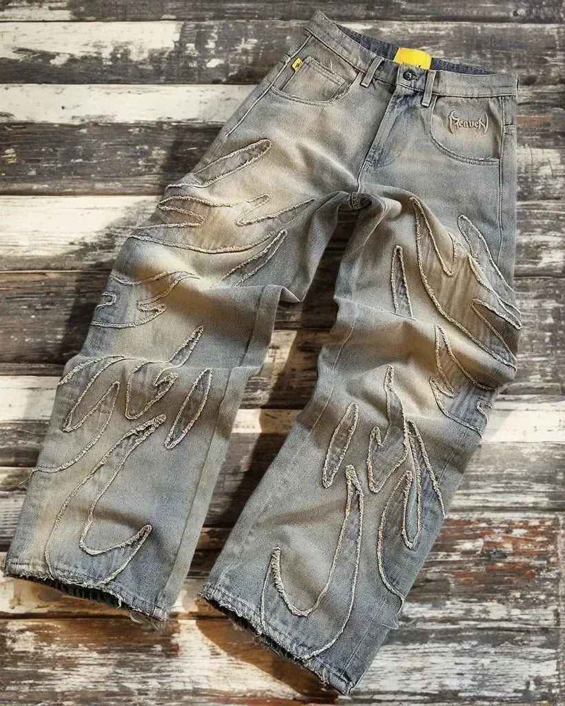 Vintage Denim Gold Wings Embroidered Baggy Jeans Women Streetwear Washed Light Blue Spicy Girl Micro Bellbottom Wide Leg Pants