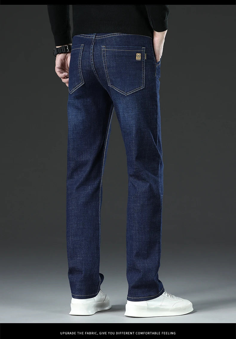 Men Winter Fleece Warm Jeans Brand 2024 Fashion Business Pants Retro Classic Denim Trousers Autumn Casual Stretch Slim Jeans Men