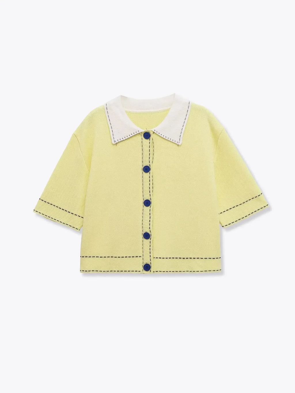 Casual Yellow Lapel Knitted Sweater Women Chic Short Sleeve Single Breasted Warm Pullover Lady Autumn Commute Street Outwear New