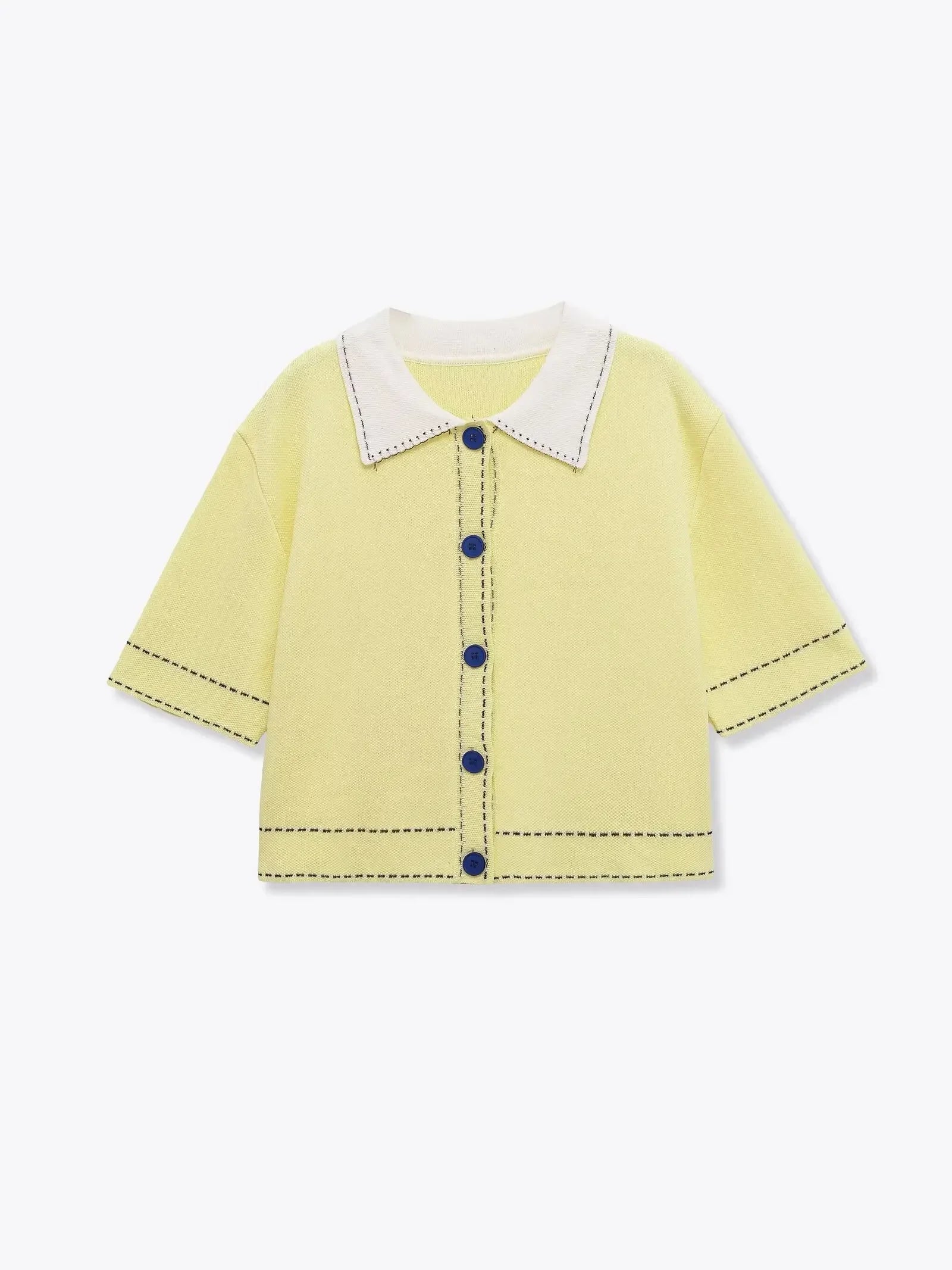 Casual Yellow Lapel Knitted Sweater Women Chic Short Sleeve Single Breasted Warm Pullover Lady Autumn Commute Street Outwear New
