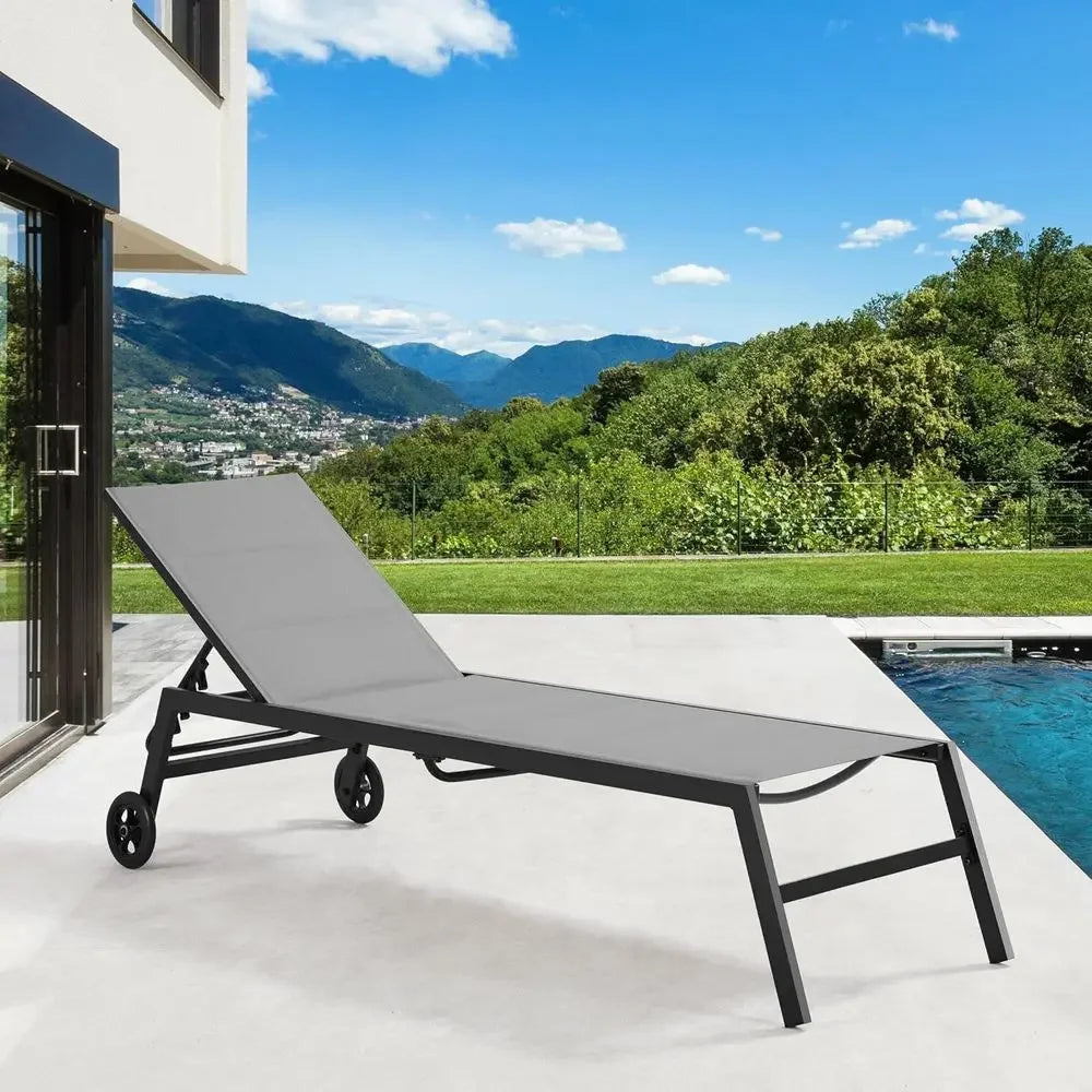 Weather-Resistant Outdoor Reclining Chaise Lounge with Wheels, 5-Position Adjustable, Ideal for Patio, Pool, Beach, Yard - Gray