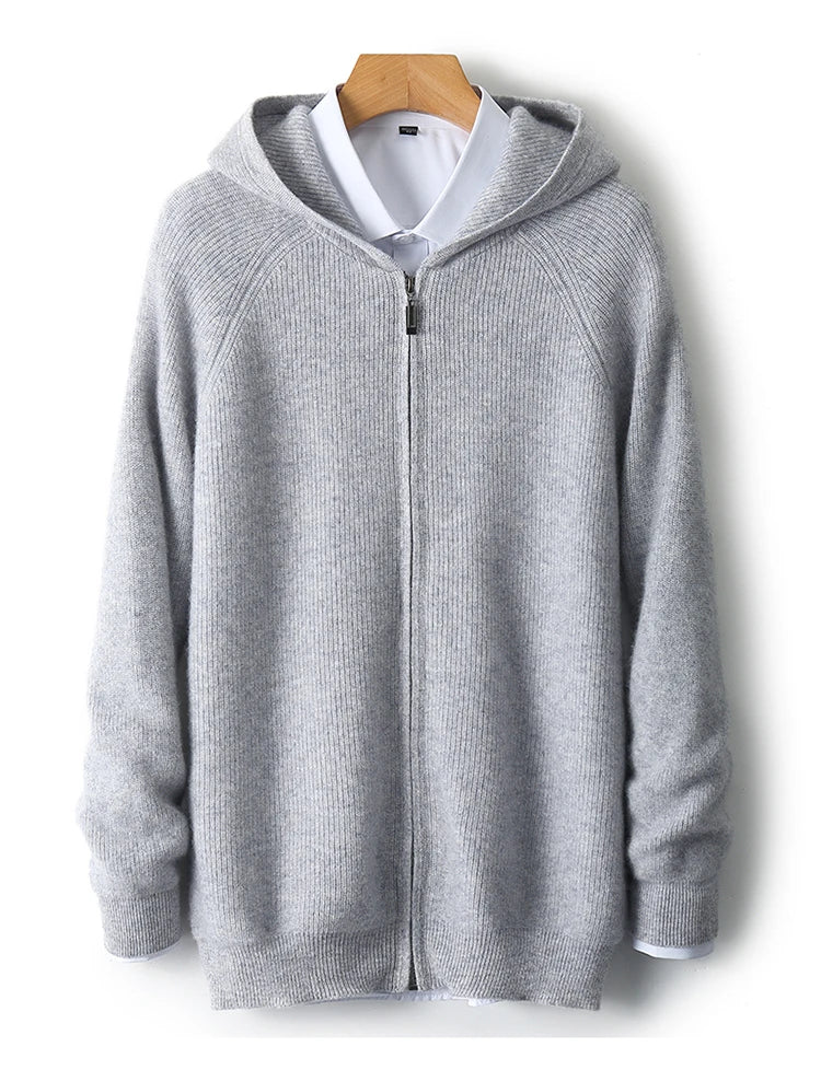 Autumn and Winter 100% Pure Cashmere Cardigan Men's Hoodie Zipper Thick Sweater Loose Plus Size Wool Knitted Sweater Coat