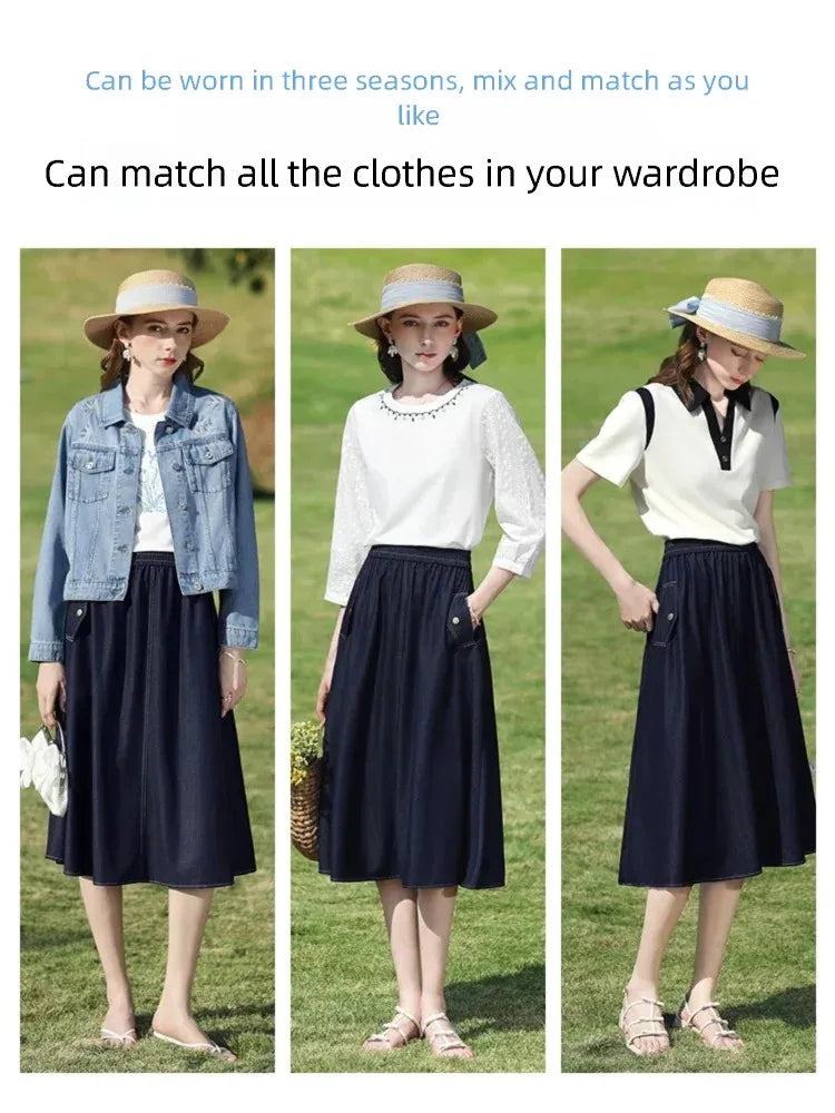I BELIEVE YOU Dark Blue Denim Midi Skirt for Women 2026 Spring Elastic Waist Skirts Casual A-Line Skirt with Pockets 2261026207