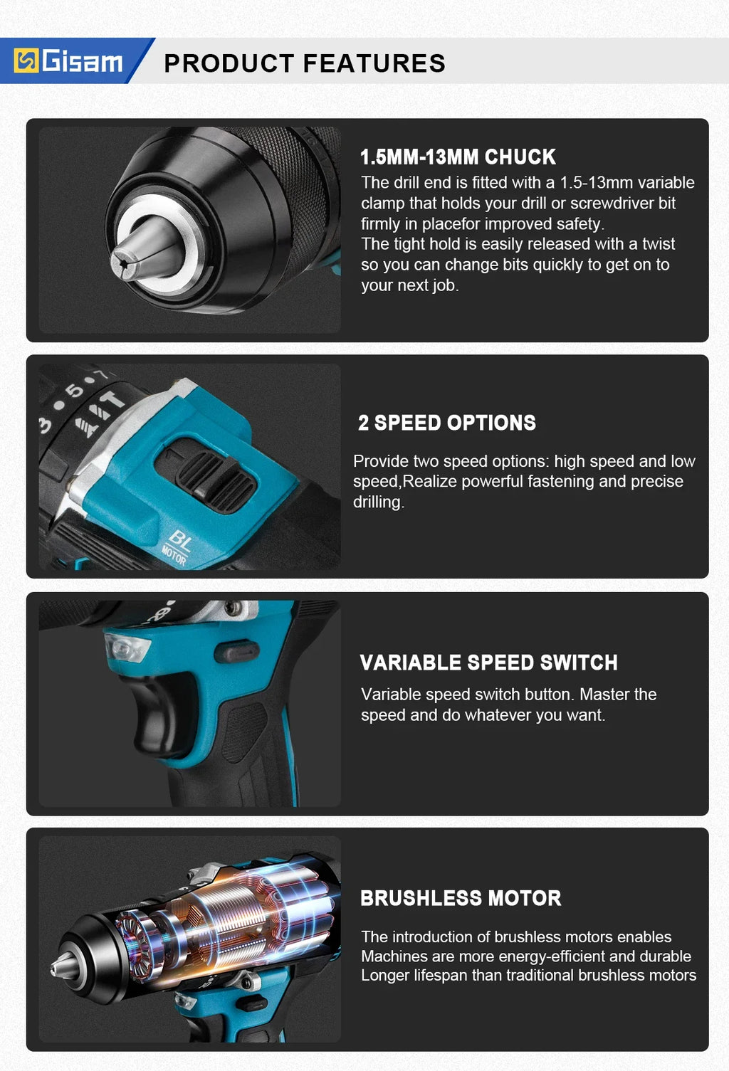 Gisam 13mm 35+3 Torque Brushless Electric Impact Drill Cordless Drill Electric Screwdriver Power Tool For Makita 18V Battery Pin