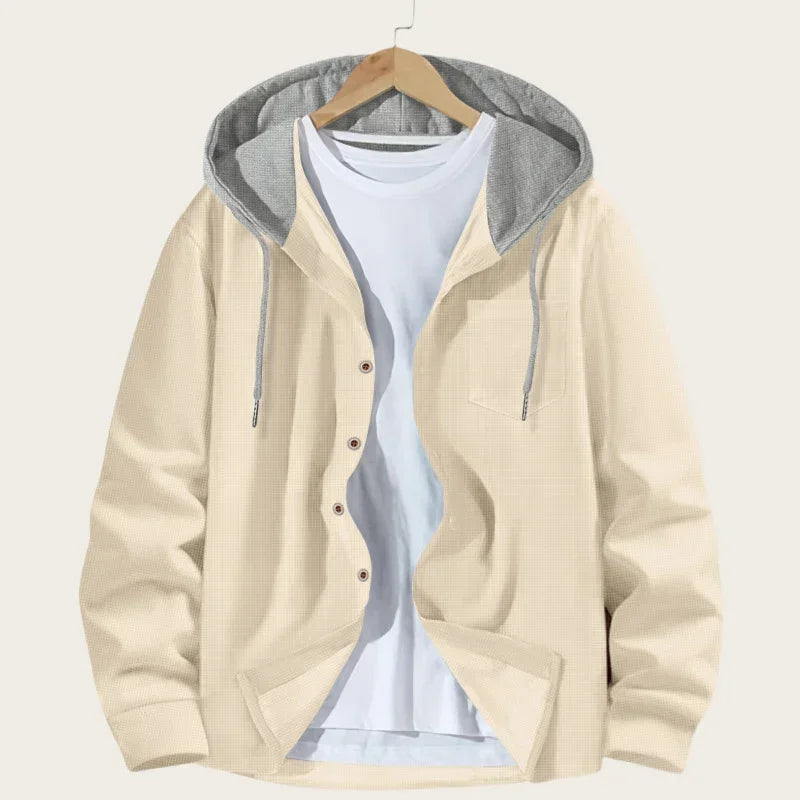 Korean Waffle Hooded Cardigans for Men Spring Autumn Contrast Color Single Breasted Hoodies Breathable Casual Lightweight Jacket