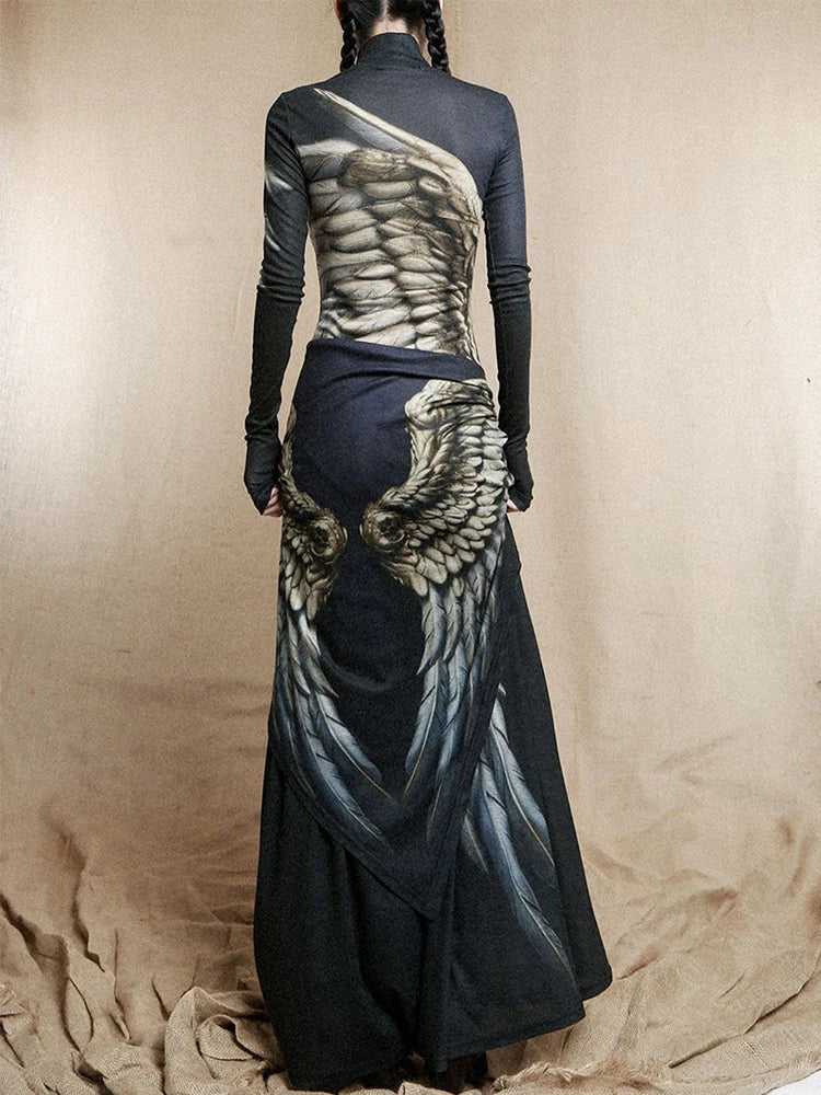 CHEERART Vintage Wing Feather Long Sleeve Dresses Fall 2025 Fashion Woman Turtleneck Mesh A Line Maxi Dress Evening Luxury