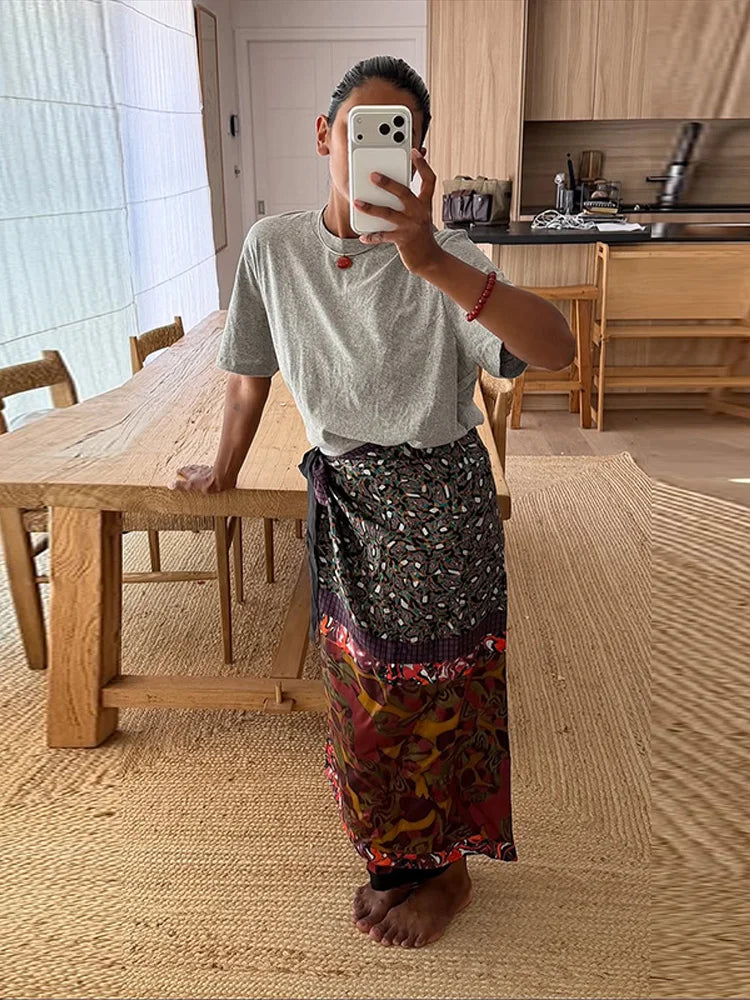 High Waist Wrap Tie Midi Skirt Color Block Abstract Floral Patchwork Print Flowy Satin Skirts 2026 Summer Holiday Boho Chic Wear
