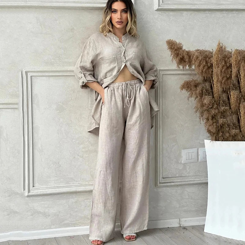Women Two Piece Sets Spring Autumn Casual Long Sleeve Pocket Shirts 2 Piece Set Fashion Loose Wide Leg Pants OL Work Suit Outfit