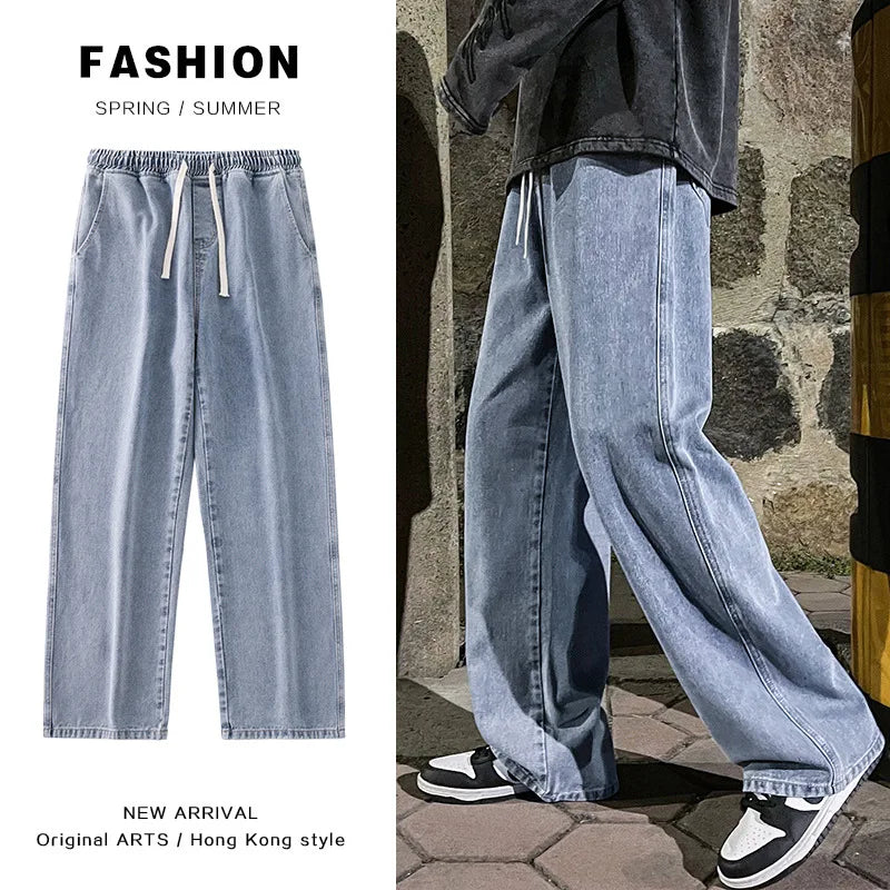 Fashion Men's Solid Color Drape Jeans Loose Straight Korean Vintage High Street Hip-hop Y2K Casual Daily Dragging Wide-leg Pants