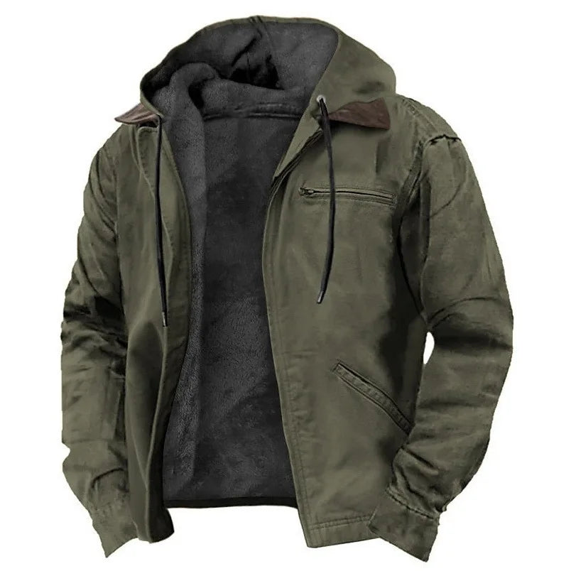 European and American Men's Autumn and Winter Casual Hooded Zipper and Fleece Warm Jacket With Multiple Pockets Outdoor Jacket