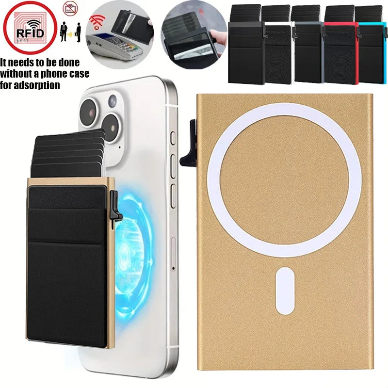 Pop-Up RFID Blocking Card Holder Aluminum Alloy Card Push Bag Large-Capacity Phone Magnetic Metal Box Wallet Men Women Purse