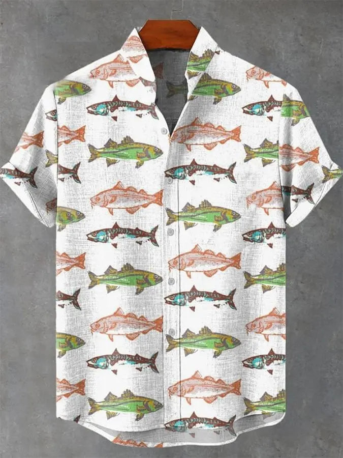 Men's Summer Casual Art Fish Pattern Printed Linen Short Sleeved Shirt, Comfortable And Fashionable Button Up Men's Top