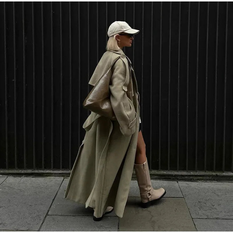 Whisper Lumi Vintage Double Breasted Lapel Women Long Coat Elegant Loose Jacket With Belt Autumn Casual Ladies Streetwear