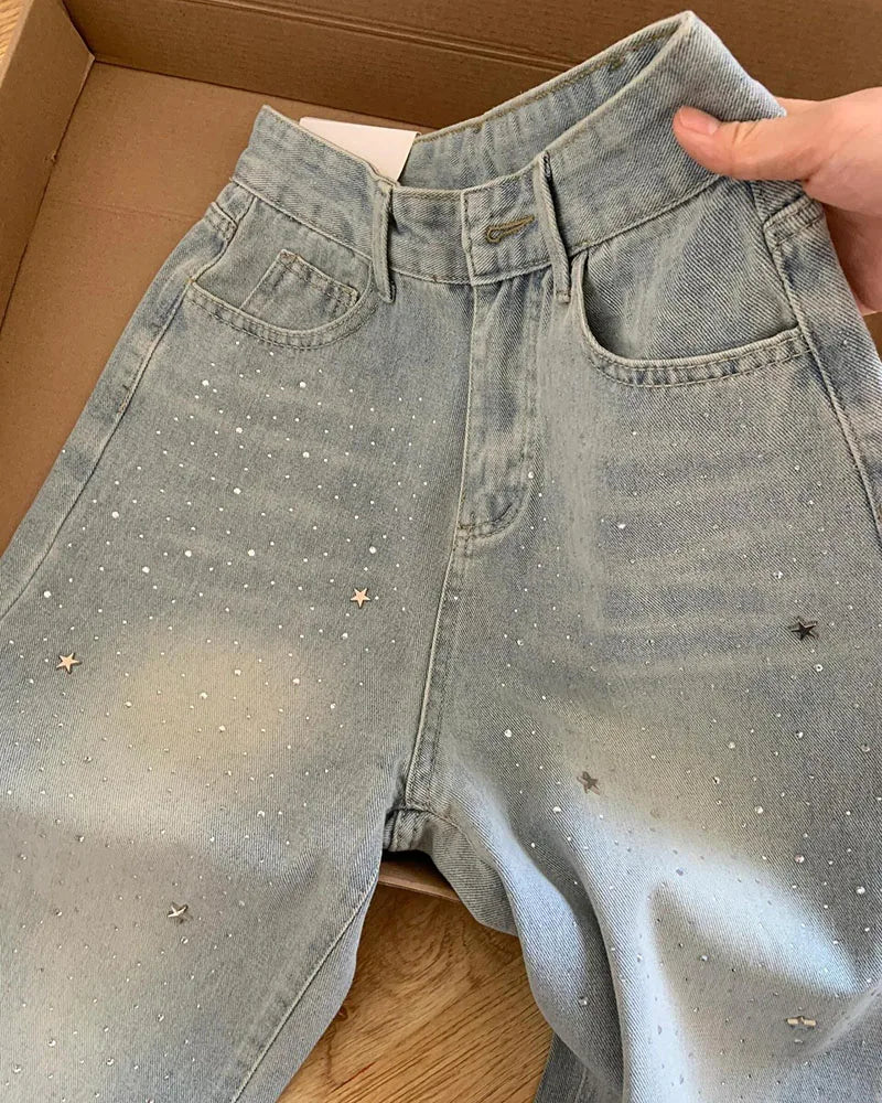 Elegant Light Blue Beaded Straight Denim Pants for Women High Waist Slim Fit Wide Leg Long Trousers