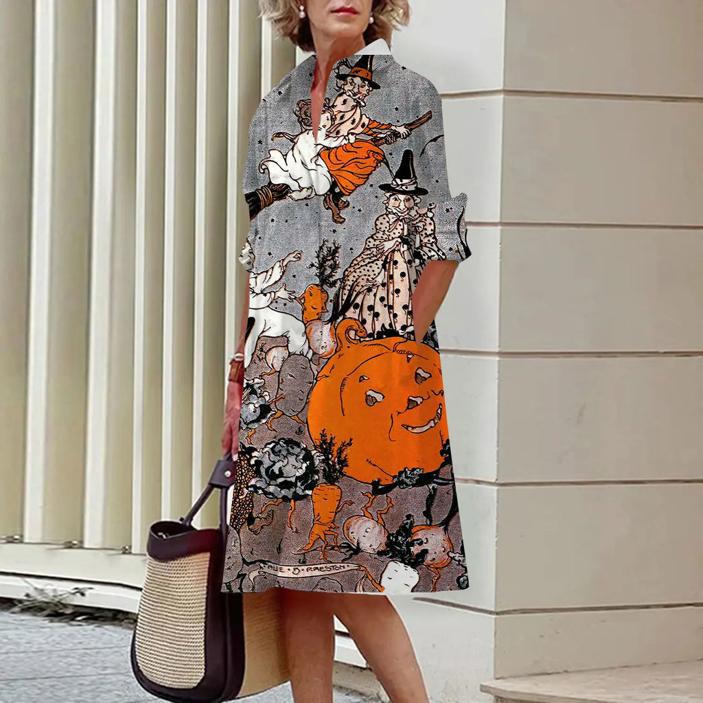 MCDV New Simple Women's Shirt Casual Queen Printed Long Sleeve Fashion Elegant Lapel Pocket Street Women's Dresses Noble Black