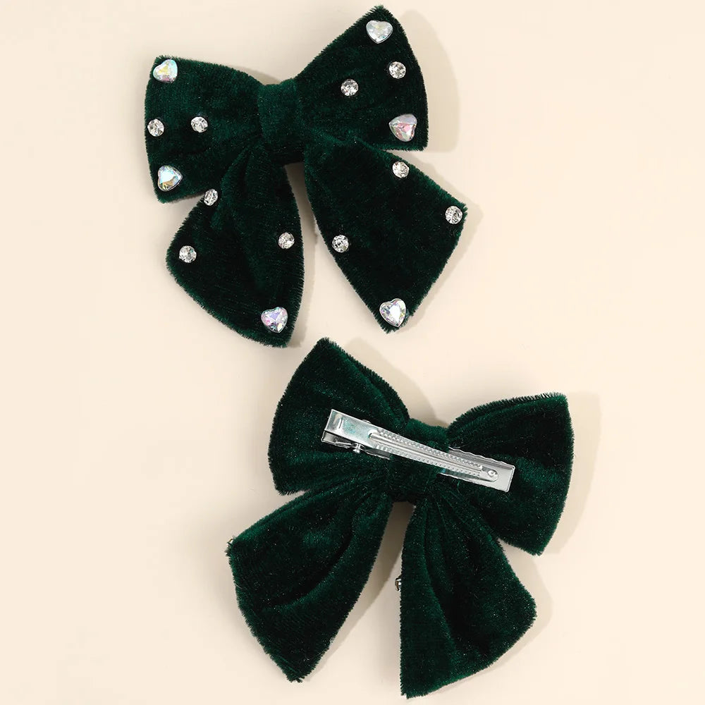 2Pcs Girls Velvet Bow Hair Clips Elegant Heart Shape Rhinestones Hairpins Vintage Burgundy Barrette Fall/Winter Hair Accessories
