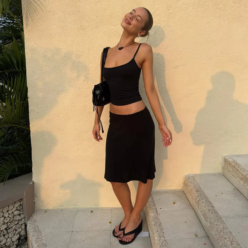 Hugcitar Casual 2 Piece Sets Solid Slips Backless Sexy Crop Camis Top Midi Skirt Women Summer Outfits Party Holiday Club