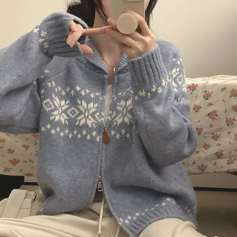 New Autumn Winter Women Fashion Elegant Knitwear Long Sleeve Sweater Fall Korean Style Casual Knitted Top Zipper Lapel Jacket
