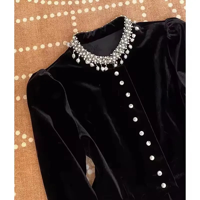 Women's Golden Velvet Blouse 2025 Autumn Winter Solid Color Heavy Industry Ladies Tops Fashion Long Sleeve Lady Slim Shirt