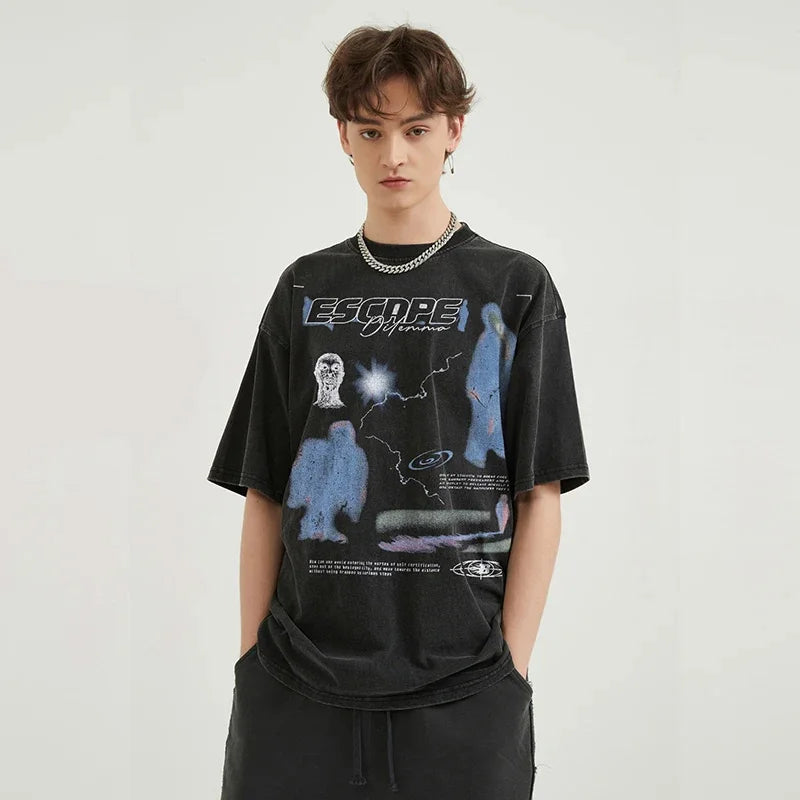 Men's T-Shirt Washed Black Vintage Streetwear Oversized Print Korean Fashion Cotton Graphic Escape Unisex Tops Tees Y2K Clothing