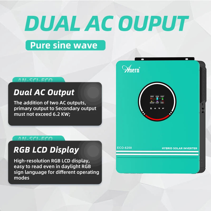 Anern Solar Inverter 6.2KW 48V 4.2KW 24V 3.2KW 12V With MPPT 140A Charger Controller Dual AC Output Pure Sine Wave Inverter